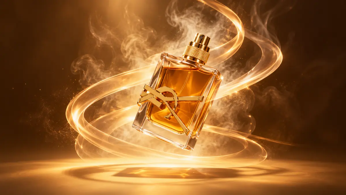 Frasco de perfume iluminado por destellos dorados